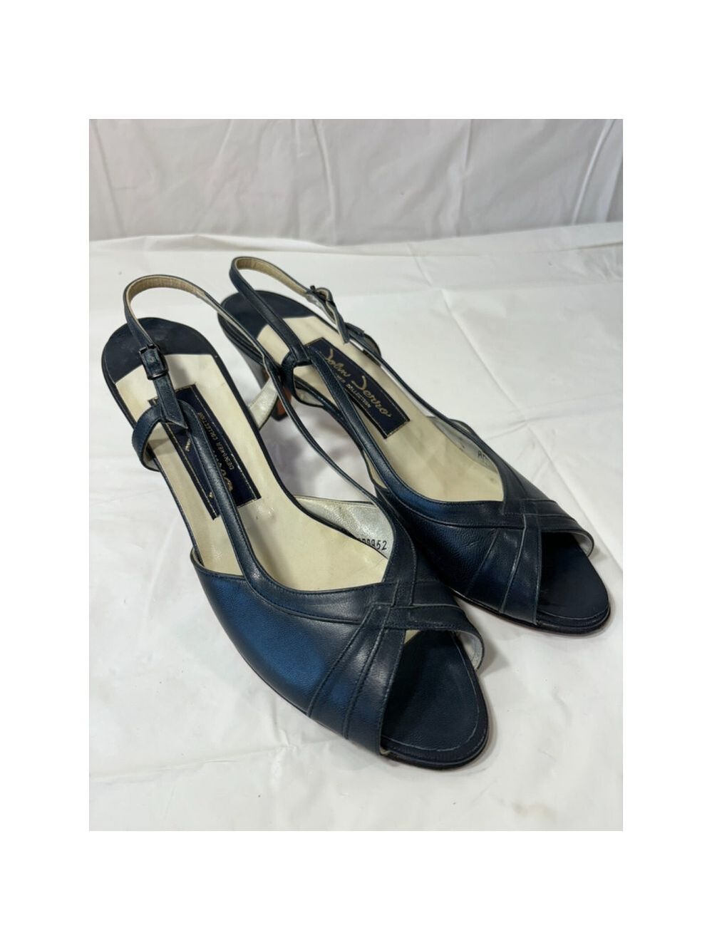 John Jerro Heel pump sandal Navy Leather Open Toe ankle strap 9 luxury vintage